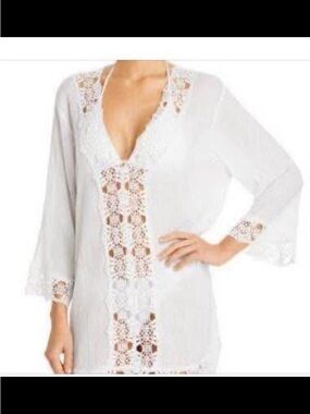La Blanca White Crochet-Trim Beach Tunic Cover-Up